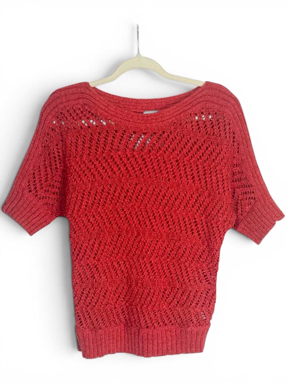 Women’s Short-Sleeve Open Knit Sweater - Red